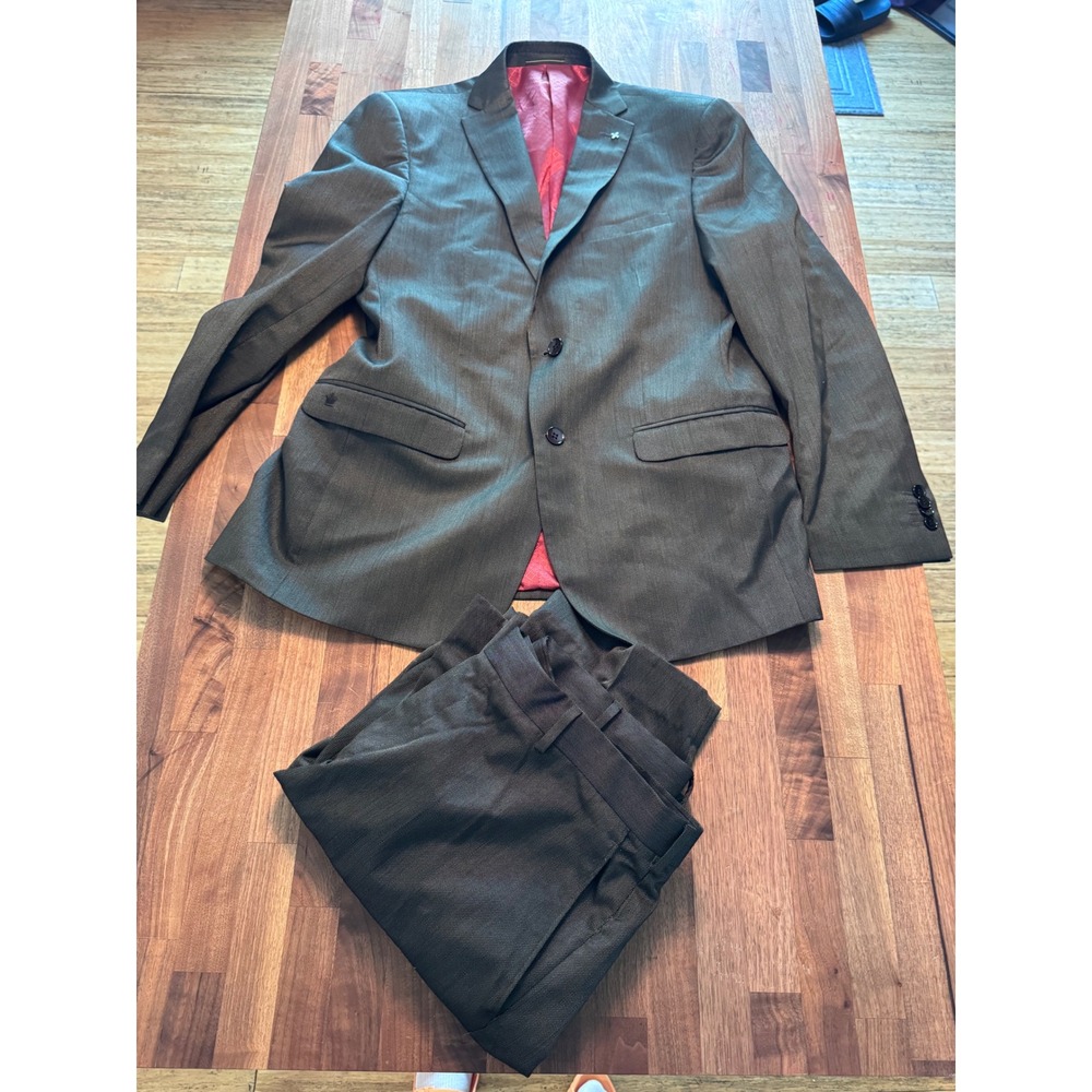 Louis Philippe Mens Charcoal Grey Micro Pattern 2 Button Suit Set Red Lining